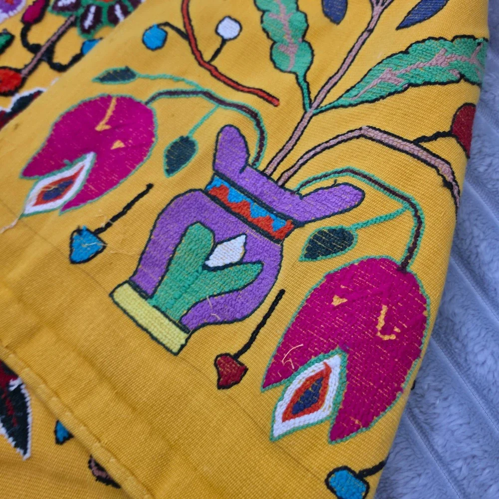 Vintage Mexican Otomi Tenango Hand Embroidered Floral Bird Textile Yellow 43x26